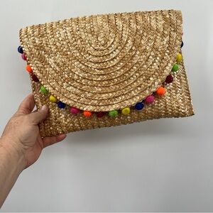 NOATD Rainbow Tassel Pom Pom Multicolor Straw Envelope Fold-Over Clutch Bag
